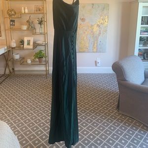Revelry Billie satin dress in emerald green.